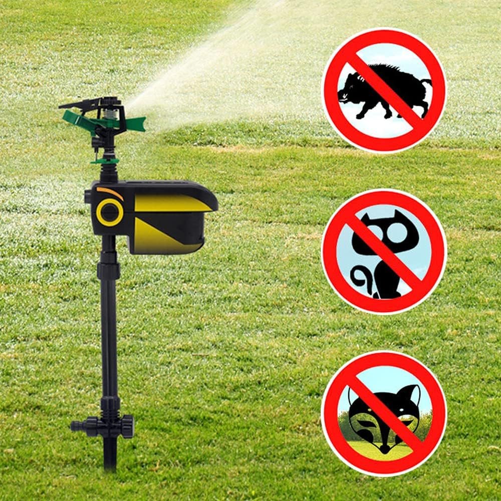 Motion-activated sprinkler with animal sensor for outdoor lawn. Ideal for repelling deer and other pests using water for deterrence.