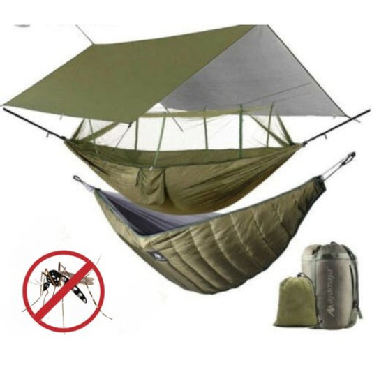 Camping Hammock Kit - Complete with Mosquito Net, Under Quilt Blanket, and Rainfly Cover Tarp for Ultimate Outdoor Comfort