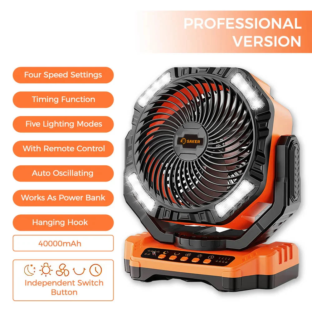 Rechargeable Camping Fan | 270° Rotation, LED Light & Portable Design for Outdoor Activities and Indoor Use