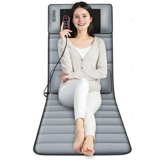 Adjustable full-body heated massage mat with Shiatsu pad for sitting, sleeping, and lying down. Provides soothing heat and relaxation.