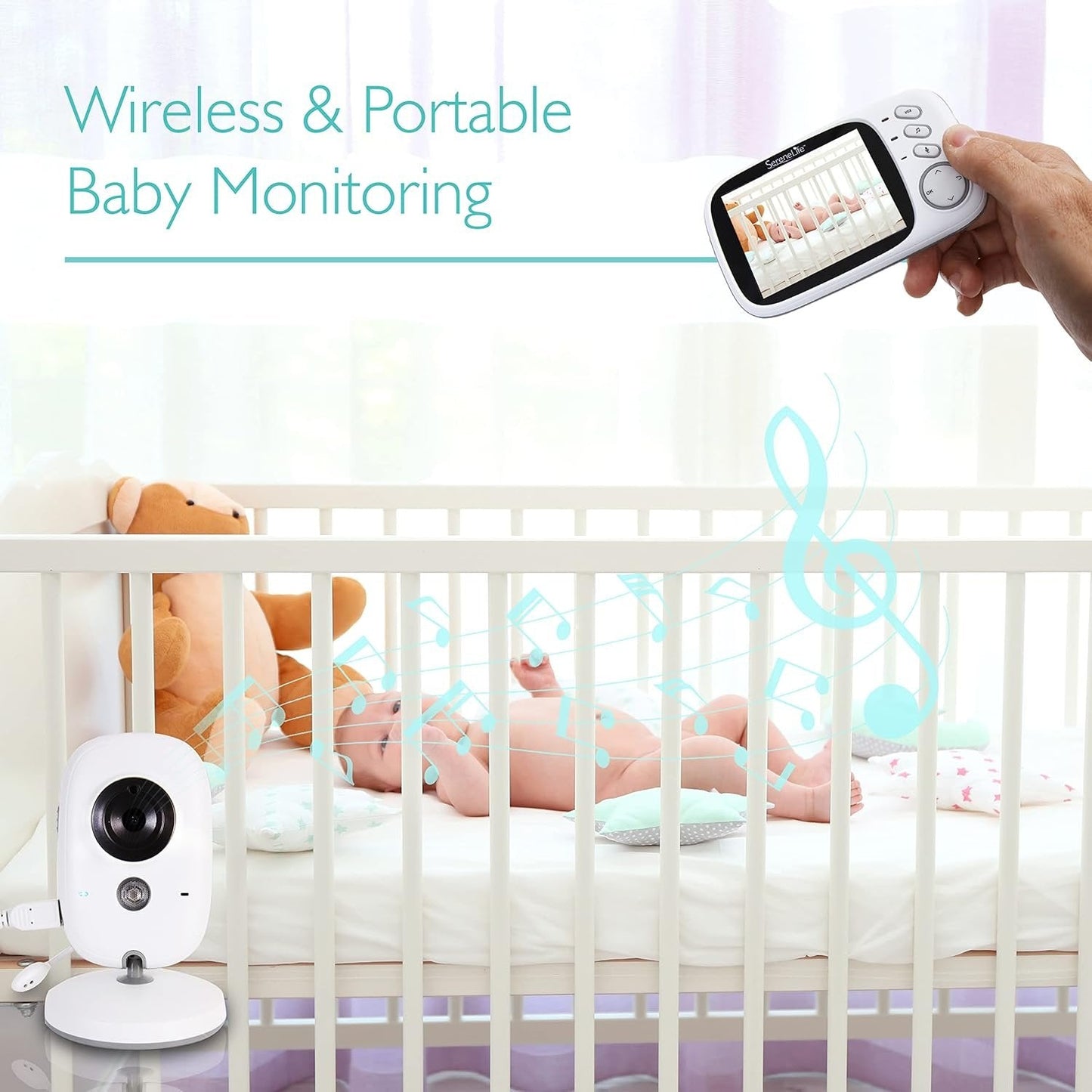 Digital baby monitor with 2.4G wireless, 3.2-inch LCD, 2-way audio talk, night vision, and surveillance for baby security.