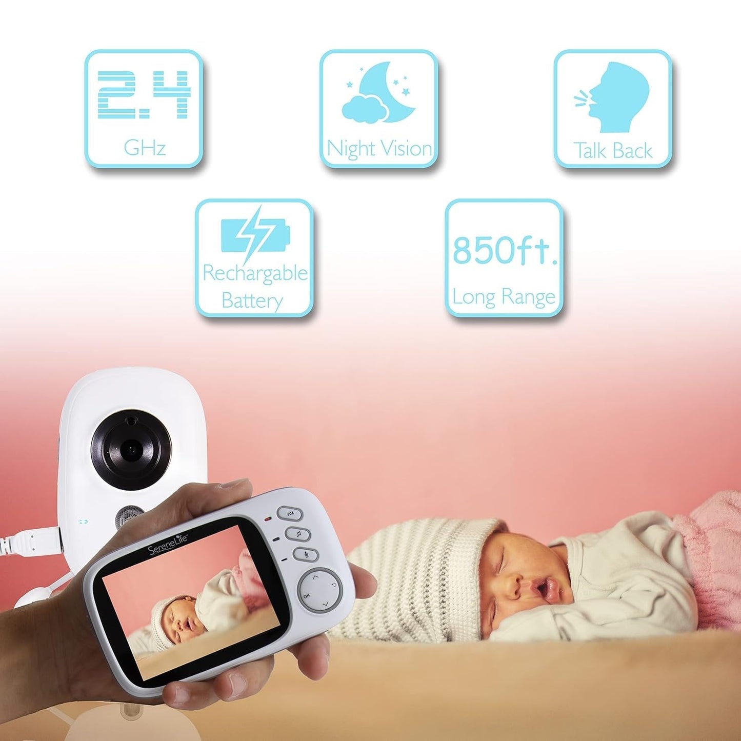 Digital baby monitor with 2.4G wireless, 3.2-inch LCD, 2-way audio talk, night vision, and surveillance for baby security.