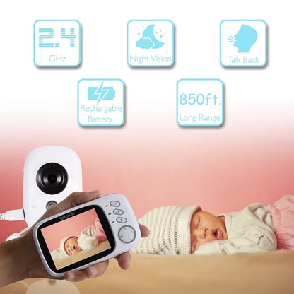 Digital baby monitor with 2.4G wireless, 3.2-inch LCD, 2-way audio talk, night vision, and surveillance for baby security.