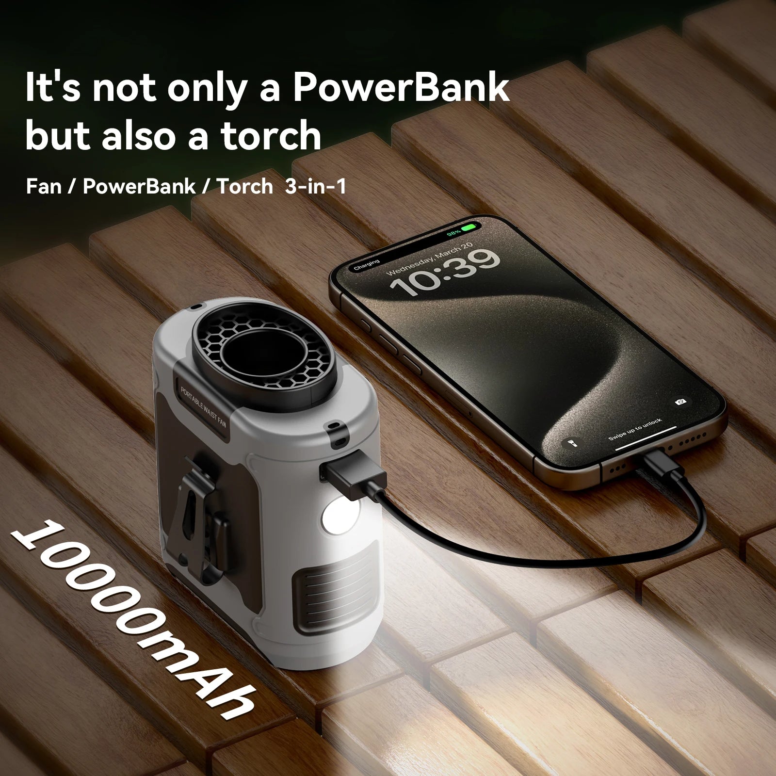10000mAh Portable Waist Fan | Turbocharged Airflow, LED Light & Power Bank for Outdoor Activities and Sports Enthusiasts