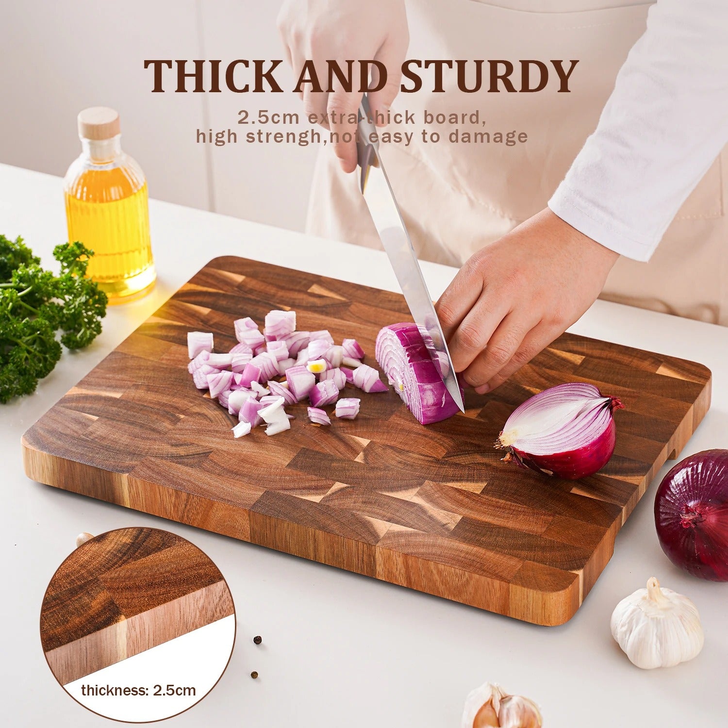 Professional End Grain Acacia Chopping Block | Self-Healing Heavy-Duty Butcher Block with Knife-Friendly Surface and Side Handles