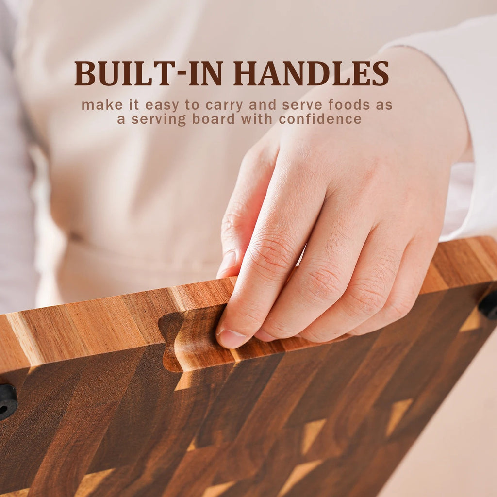 Professional End Grain Acacia Chopping Block | Self-Healing Heavy-Duty Butcher Block with Knife-Friendly Surface and Side Handles
