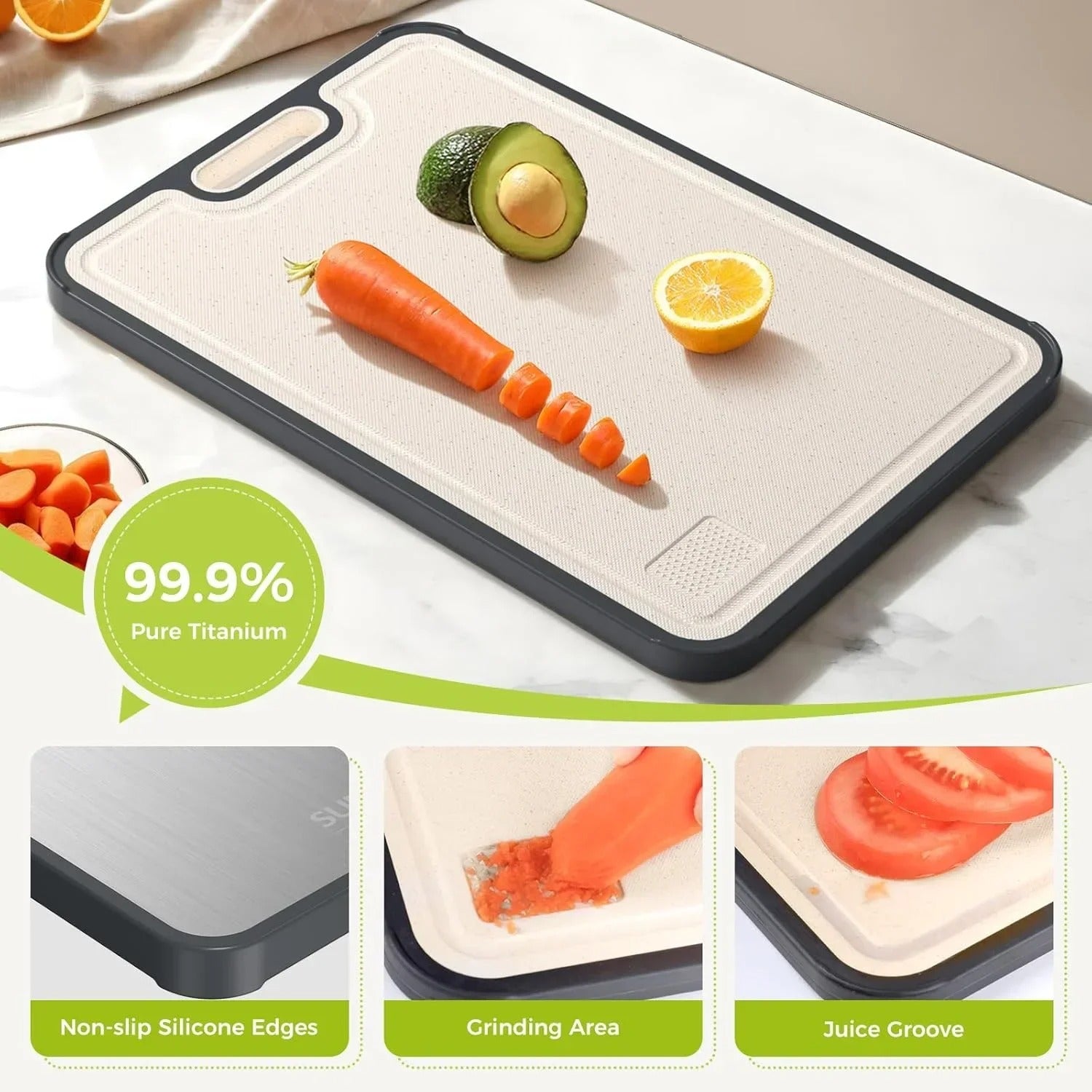 Titanium Cutting Board with Juice Grooves | Non-Absorbent Dual-Sided Surface, Odor-Free and Dishwasher Safe for Professional Hygiene