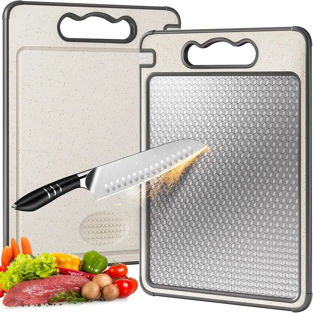 Dual-Sided Stainless Steel Cutting Board | Anti-Scratch Mesh Surface with Odor-Resistant Steel and Eco-Friendly Wheat Straw