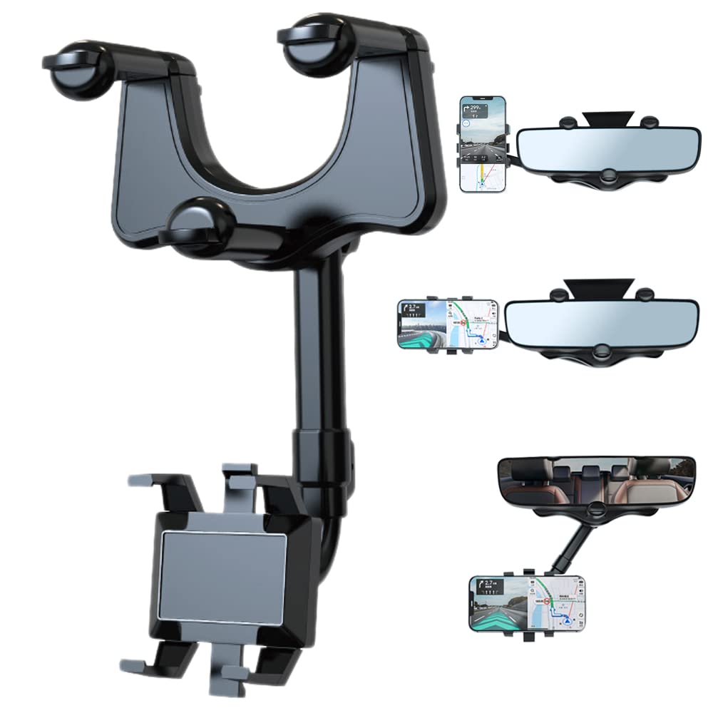 360 Degree Rotatable Retractable Car Phone Holder for Rear View Mirror - Universal Smartphone Mount for Safe Driving