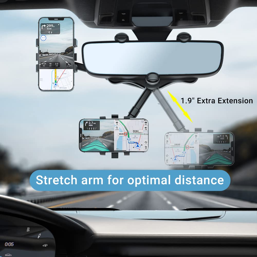 360 Degree Rotatable Retractable Car Phone Holder for Rear View Mirror - Universal Smartphone Mount for Safe Driving