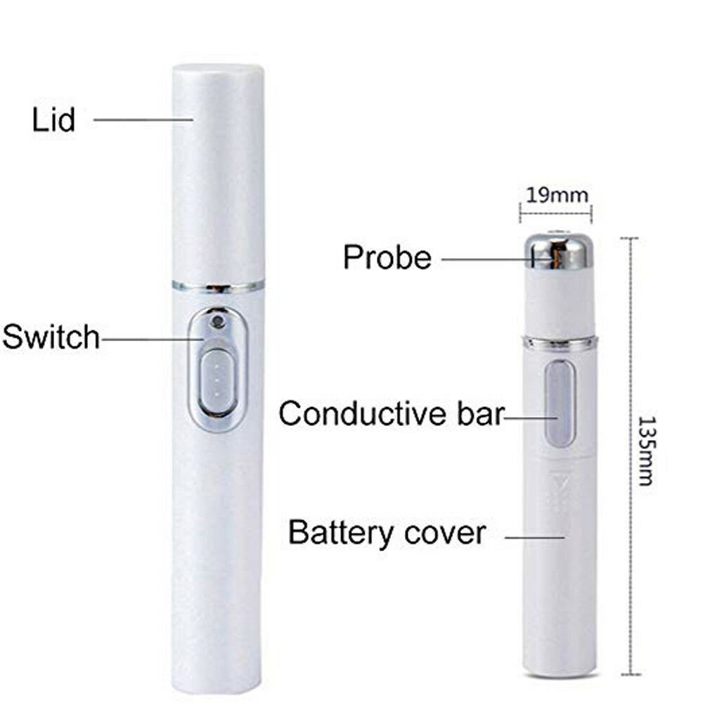 Parts of the blue light facial pen: lid, switch, probe, battery cover