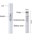 Parts of the blue light facial pen: lid, switch, probe, battery cover