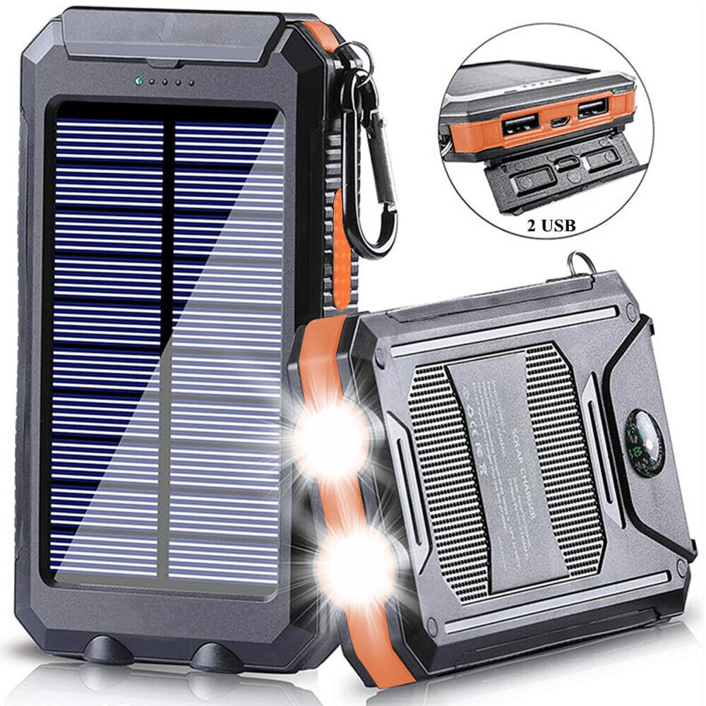 10,000mAh Waterproof Solar USB Dual Charger with LED Light for Outdoor Camping and Emergency Use