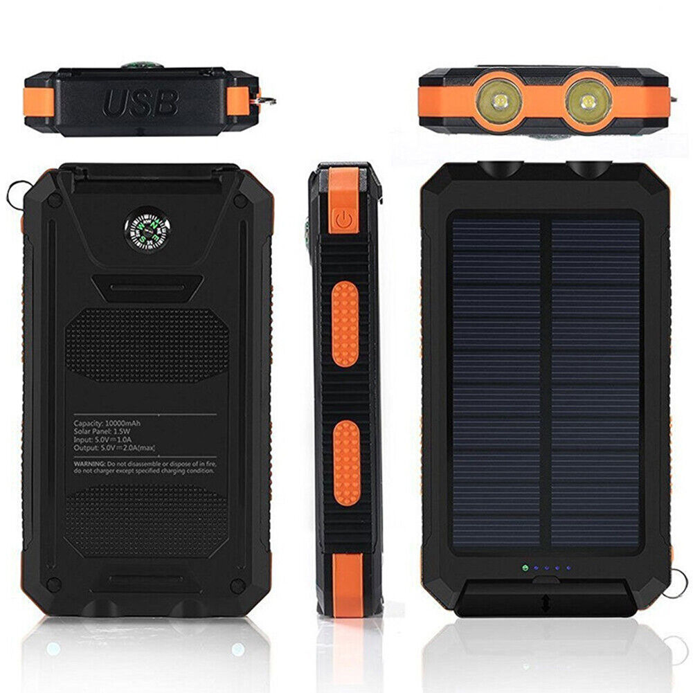 10,000mAh Waterproof Solar USB Dual Charger with LED Light for Outdoor Camping and Emergency Use