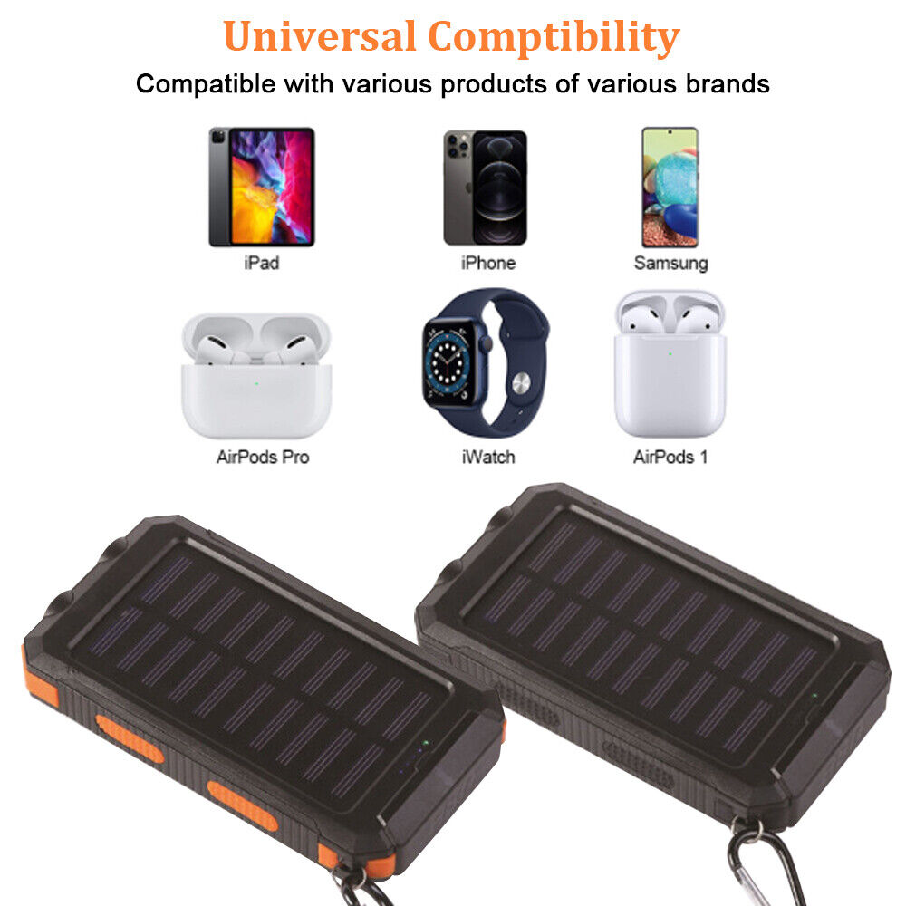 10,000mAh Waterproof Solar USB Dual Charger with LED Light for Outdoor Camping and Emergency Use