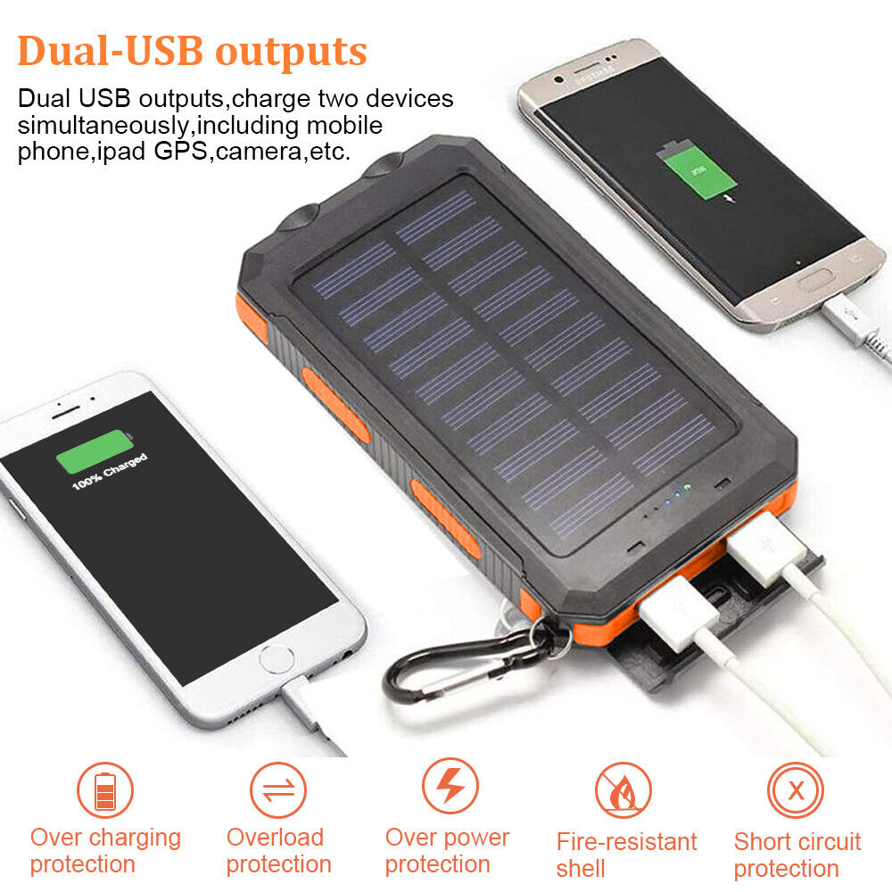10,000mAh Waterproof Solar USB Dual Charger with LED Light for Outdoor Camping and Emergency Use