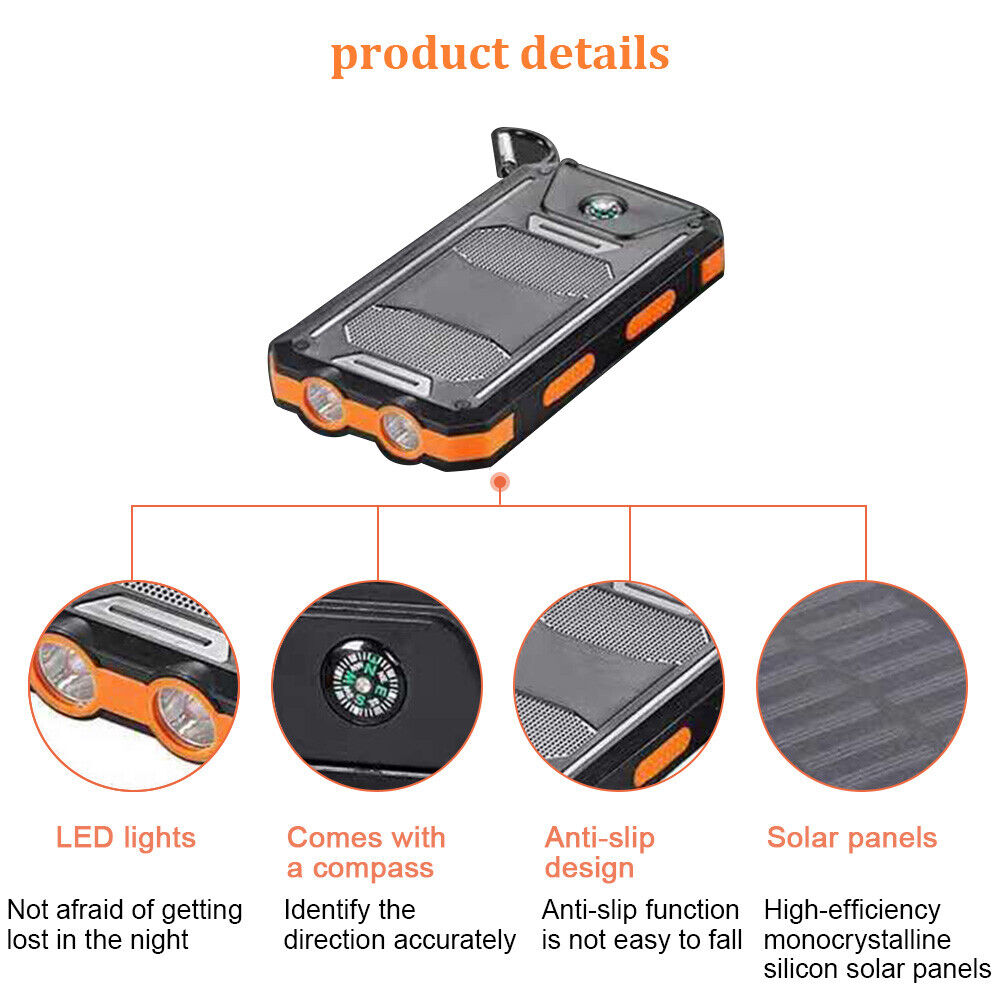 10,000mAh Waterproof Solar USB Dual Charger with LED Light for Outdoor Camping and Emergency Use