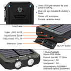 10,000mAh Waterproof Solar USB Dual Charger with LED Light for Outdoor Camping and Emergency Use