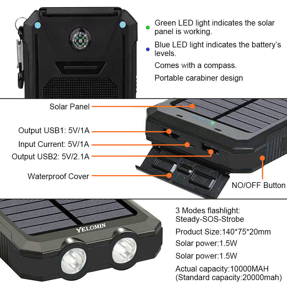 10,000mAh Waterproof Solar USB Dual Charger with LED Light for Outdoor Camping and Emergency Use