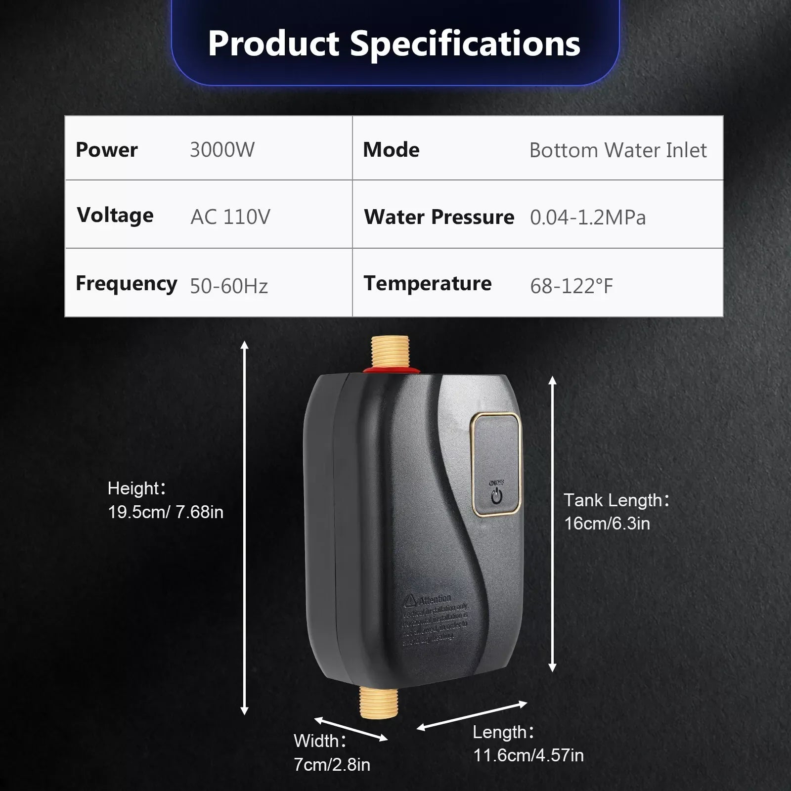Instant Tankless Water Heater | 3000W, Compact Design & Energy Efficient for Kitchens and Bathrooms