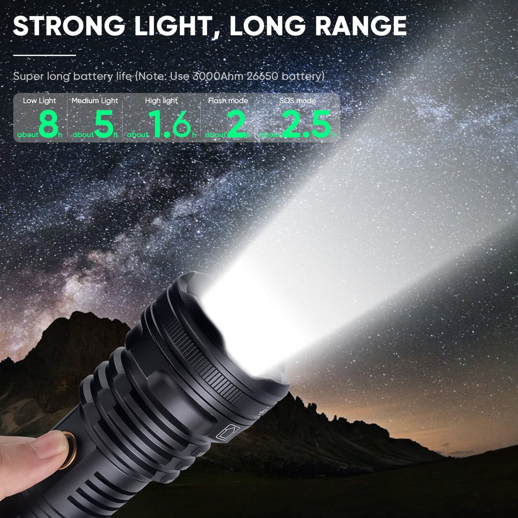 High-Power 99000LM XHP90 USB Rechargeable LED Flashlight for Outdoor, Camping, and Emergency Use