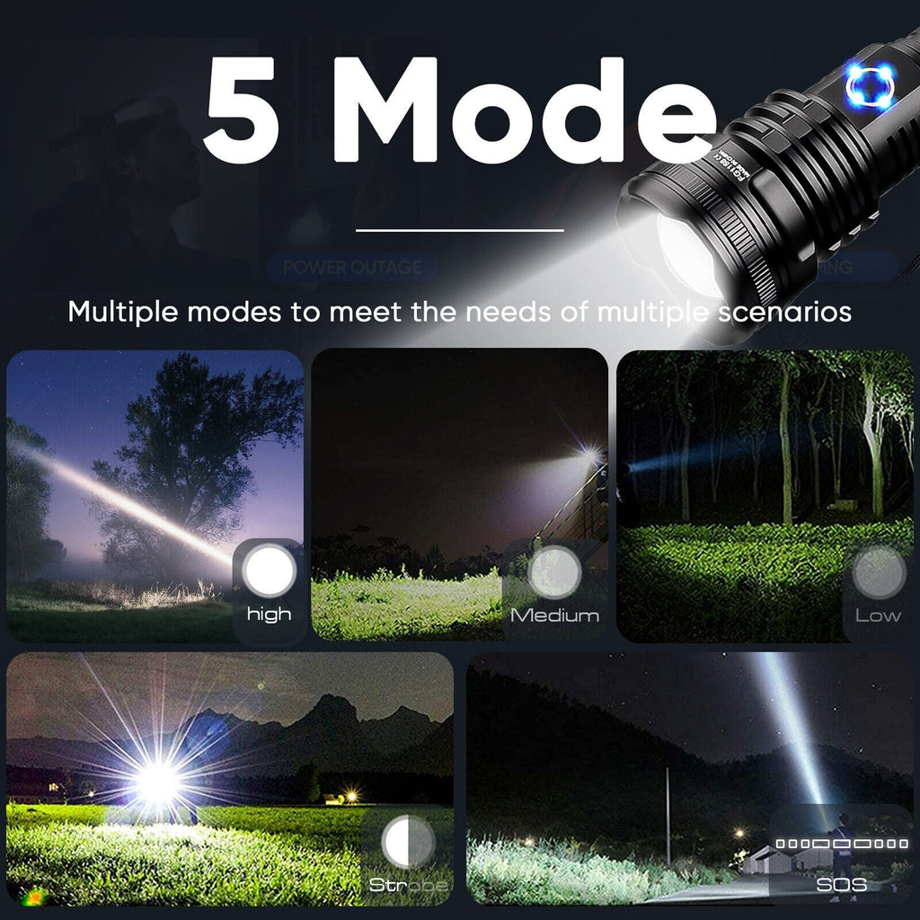 High-Power 99000LM XHP90 USB Rechargeable LED Flashlight for Outdoor, Camping, and Emergency Use