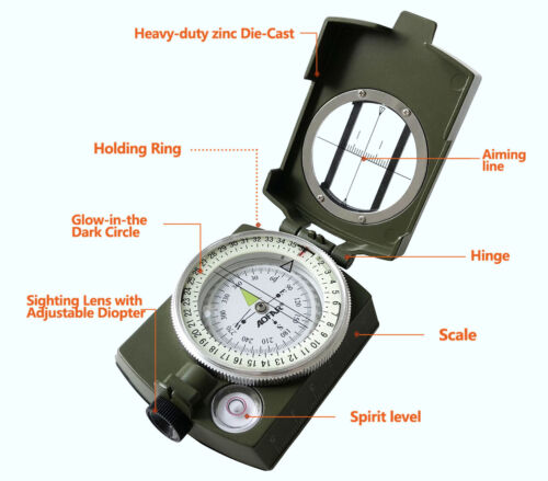 Military Lensatic Sighting Compass with Metal Construction & Carrying Pouch for Outdoor Navigation & Hiking