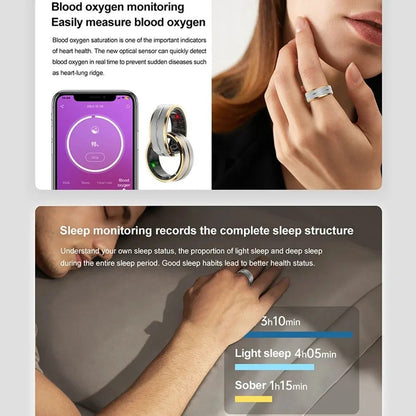 Titanium smart ring for men and women, designed to monitor blood pressure and track health metrics. Stylish and multifunctional.