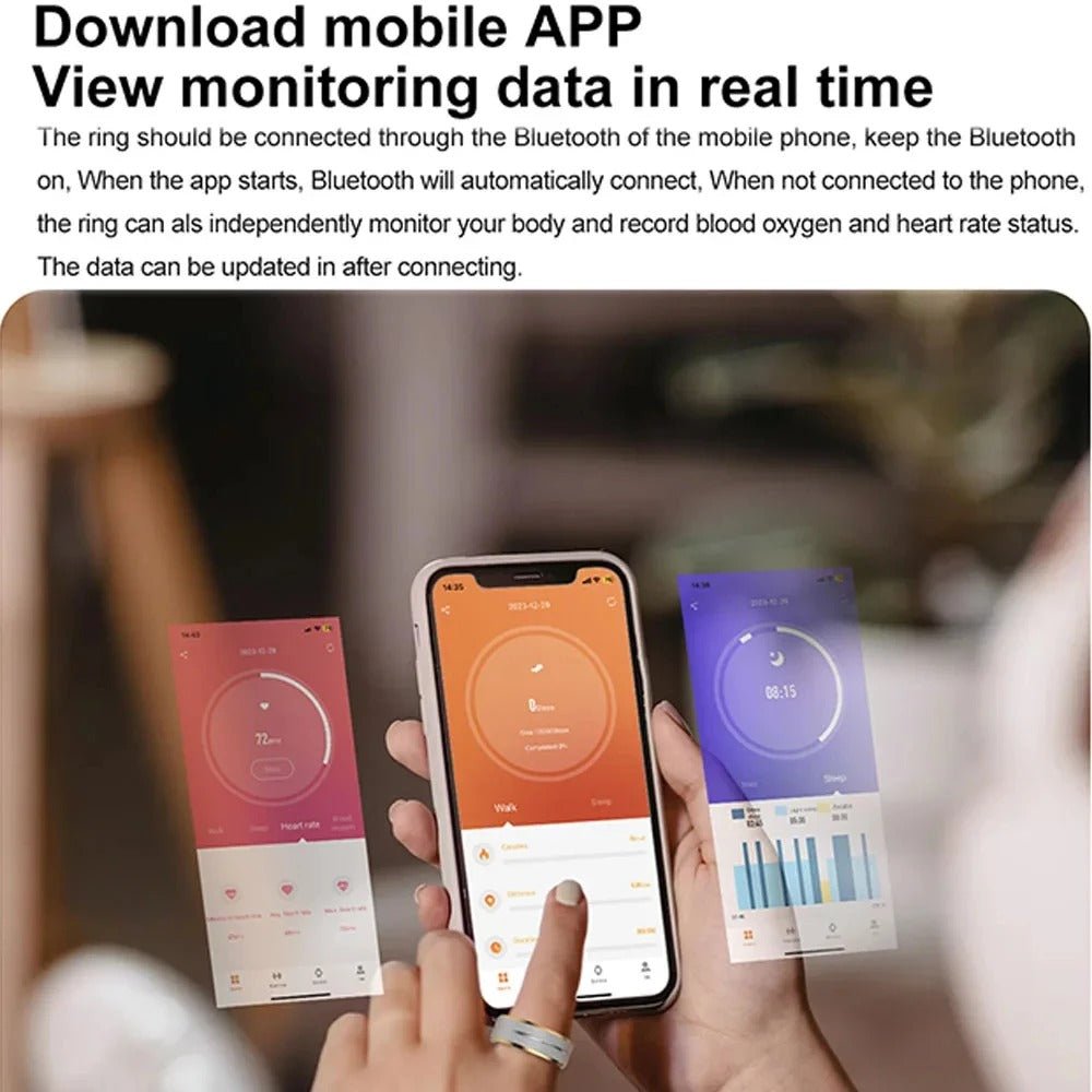 Titanium smart ring for men and women, designed to monitor blood pressure and track health metrics. Stylish and multifunctional.