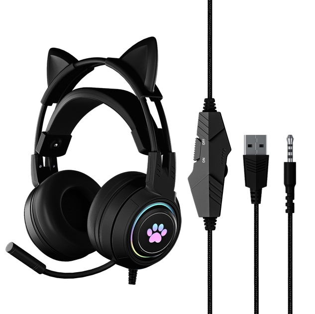 HiFi Kitty Gaming Headset Stereo Bass With Microphone For PC PS4 Gaming Headset Cat Ears RGB Helmet