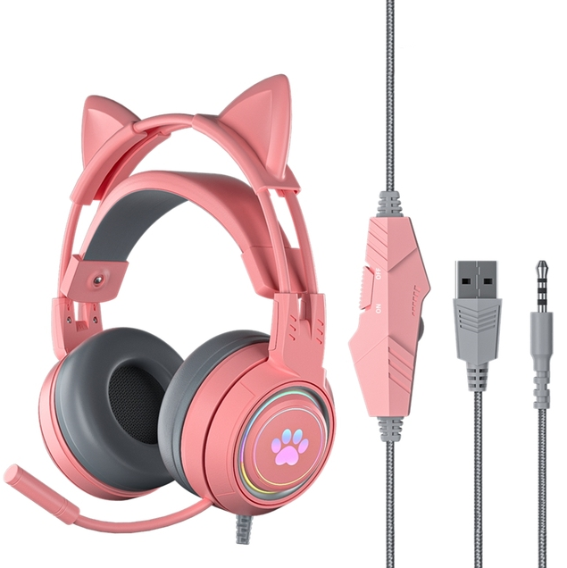 HiFi Kitty Gaming Headset Stereo Bass With Microphone For PC PS4 Gaming Headset Cat Ears RGB Helmet